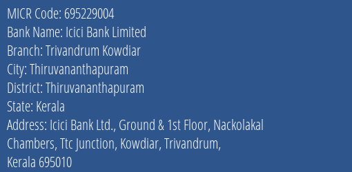 MICR Code 695229004 of Icici Bank  Trivandrum Kowdiar Branch