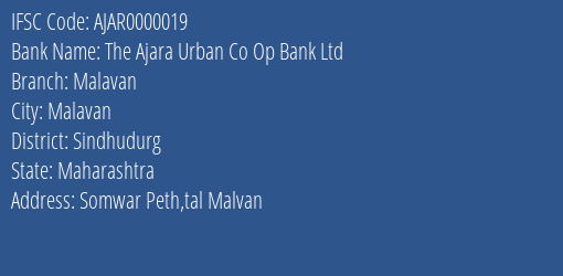 The Ajara Urban Co Op Bank Ltd Malavan Branch, Branch Code 000019 & IFSC Code AJAR0000019