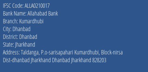 Allahabad Bank Kumardhubi Branch, Branch Code 210017 & IFSC Code ALLA0210017