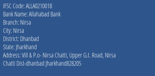 IFSC Code ALLA0210018 for Nirsa Branch Allahabad Bank, Dhanbad Jharkhand