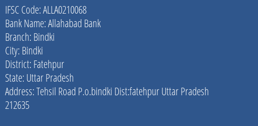 Allahabad Bank Bindki Branch Fatehpur IFSC Code ALLA0210068