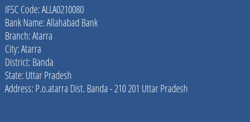 Allahabad Bank Atarra Branch Banda IFSC Code ALLA0210080