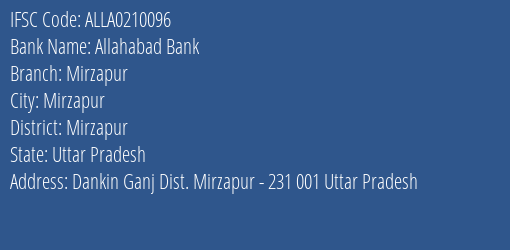 Allahabad Bank Mirzapur Branch Mirzapur IFSC Code ALLA0210096