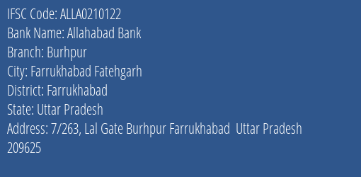 Allahabad Bank Burhpur Branch Farrukhabad IFSC Code ALLA0210122