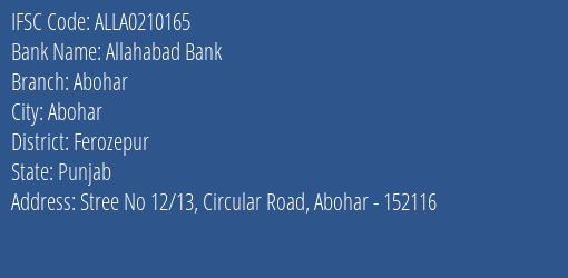 Allahabad Bank Abohar Branch, Branch Code 210165 & IFSC Code ALLA0210165