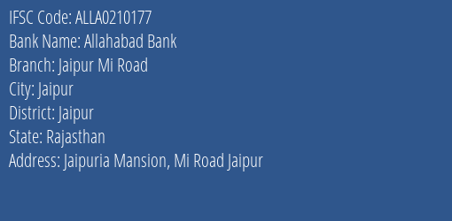 Allahabad Bank Jaipur Mi Road Branch, Branch Code 210177 & IFSC Code ALLA0210177