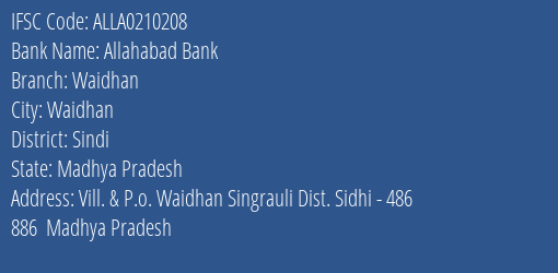 Allahabad Bank Waidhan Branch Sindi IFSC Code ALLA0210208
