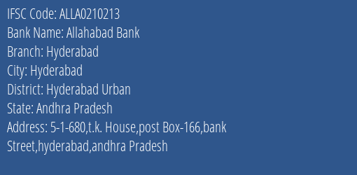 Allahabad Bank Hyderabad Branch, Branch Code 210213 & IFSC Code ALLA0210213