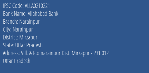 Allahabad Bank Narainpur Branch Mirzapur IFSC Code ALLA0210221