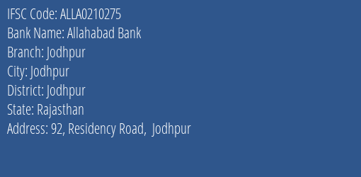 Allahabad Bank Jodhpur Branch, Branch Code 210275 & IFSC Code ALLA0210275