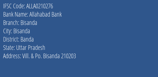 Allahabad Bank Bisanda Branch Banda IFSC Code ALLA0210276