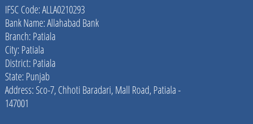 Allahabad Bank Patiala Branch, Branch Code 210293 & IFSC Code ALLA0210293