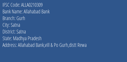 Allahabad Bank Gurh Branch Satna IFSC Code ALLA0210309