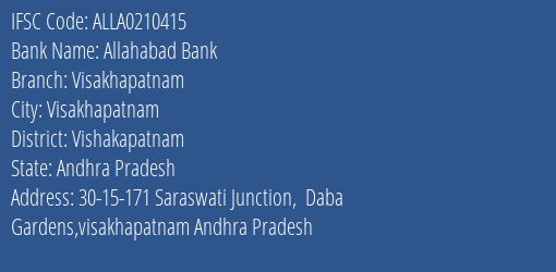 Allahabad Bank Visakhapatnam Branch, Branch Code 210415 & IFSC Code ALLA0210415