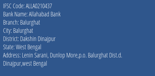 Allahabad Bank Balurghat Branch Dakshin Dinajpur IFSC Code ALLA0210437