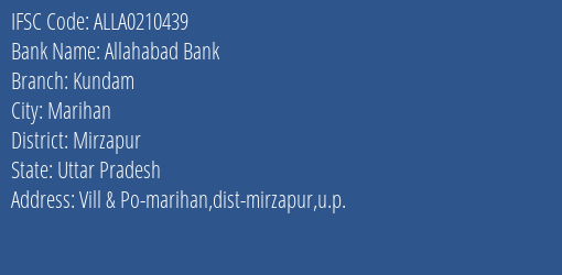 Allahabad Bank Kundam Branch Mirzapur IFSC Code ALLA0210439