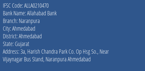 Allahabad Bank Naranpura Branch Ahmedabad IFSC Code ALLA0210470