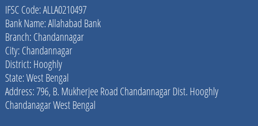 Allahabad Bank Chandannagar Branch Hooghly IFSC Code ALLA0210497