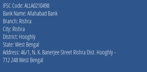 Allahabad Bank Rishra Branch Hooghly IFSC Code ALLA0210498