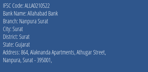 Allahabad Bank Nanpura Surat Branch, Branch Code 210522 & IFSC Code ALLA0210522