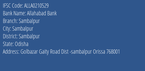 Allahabad Bank Sambalpur Branch, Branch Code 210529 & IFSC Code ALLA0210529