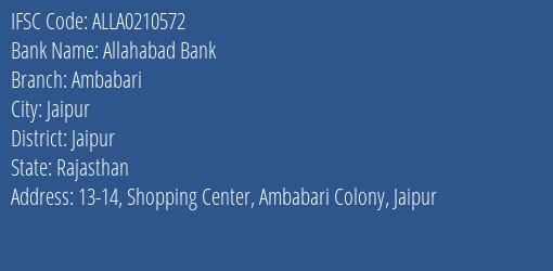 Allahabad Bank Ambabari Branch Jaipur IFSC Code ALLA0210572