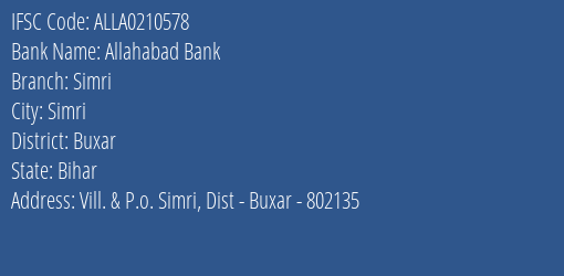 Allahabad Bank Simri Branch Buxar IFSC Code ALLA0210578