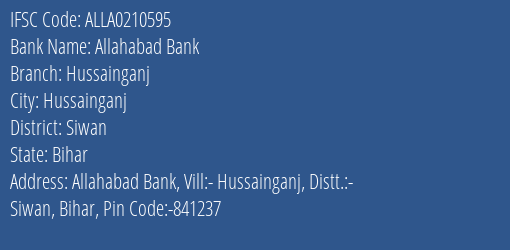 Allahabad Bank Hussainganj Branch, Branch Code 210595 & IFSC Code ALLA0210595