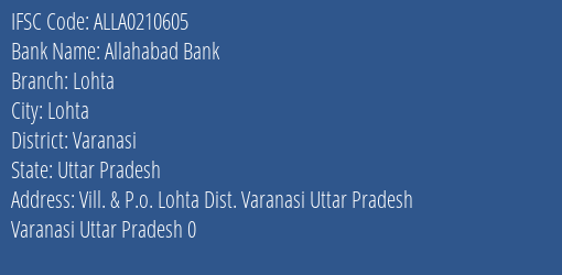Allahabad Bank Lohta Branch Varanasi IFSC Code ALLA0210605