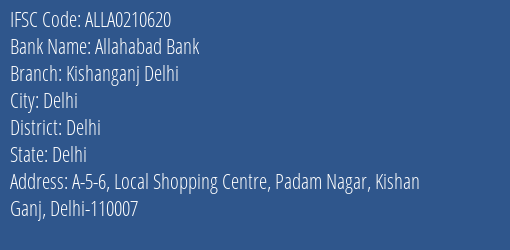 Allahabad Bank Kishanganj Delhi Branch, Branch Code 210620 & IFSC Code ALLA0210620