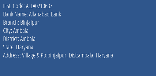 Allahabad Bank Binjalpur Branch Ambala IFSC Code ALLA0210637