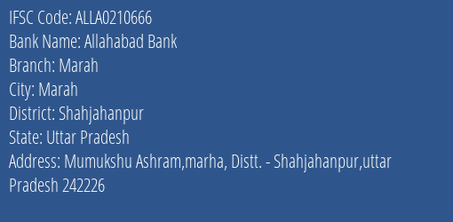 Allahabad Bank Marah Branch Shahjahanpur IFSC Code ALLA0210666