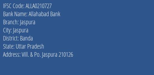 Allahabad Bank Jaspura Branch Banda IFSC Code ALLA0210727