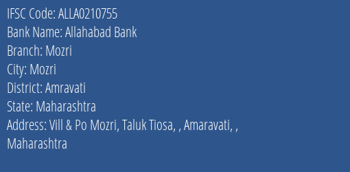 Allahabad Bank Mozri Branch, Branch Code 210755 & IFSC Code ALLA0210755