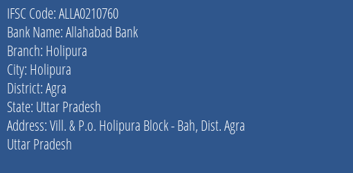 Allahabad Bank Holipura Branch Agra IFSC Code ALLA0210760