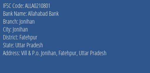 Allahabad Bank Jonihan Branch Fatehpur IFSC Code ALLA0210801