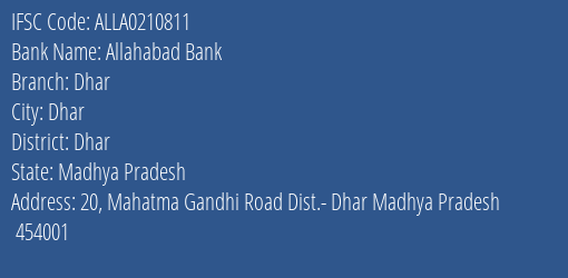 Allahabad Bank Dhar Branch Dhar IFSC Code ALLA0210811