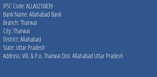 Allahabad Bank Tharwai Branch Allahabad IFSC Code ALLA0210839