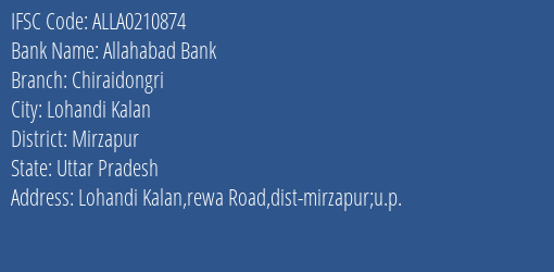 Allahabad Bank Chiraidongri Branch Mirzapur IFSC Code ALLA0210874