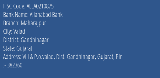 Allahabad Bank Maharajpur Branch Gandhinagar IFSC Code ALLA0210875