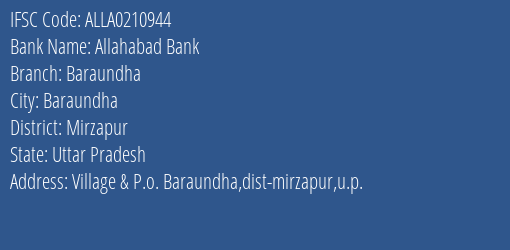 Allahabad Bank Baraundha Branch Mirzapur IFSC Code ALLA0210944
