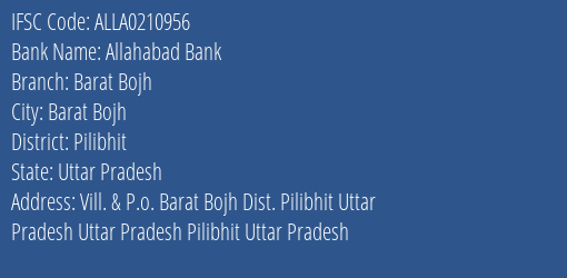 Allahabad Bank Barat Bojh Branch Pilibhit IFSC Code ALLA0210956