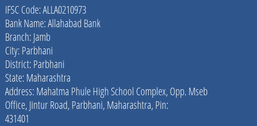 Allahabad Bank Jamb Branch Parbhani IFSC Code ALLA0210973