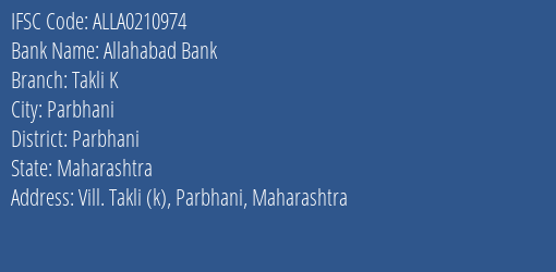 Allahabad Bank Takli K Branch Parbhani IFSC Code ALLA0210974