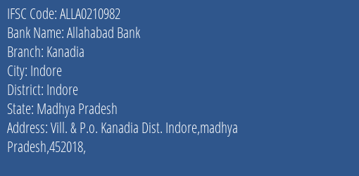 Allahabad Bank Kanadia Branch Indore IFSC Code ALLA0210982