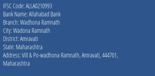 Allahabad Bank Wadhona Ramnath Branch Amravati IFSC Code ALLA0210993
