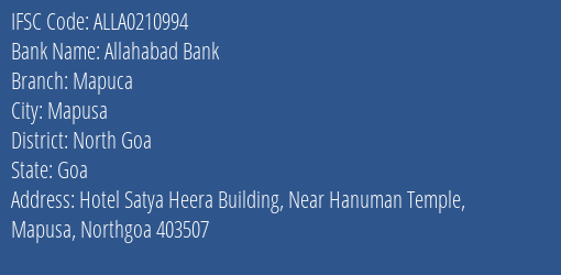 Allahabad Bank Mapuca Branch North Goa IFSC Code ALLA0210994