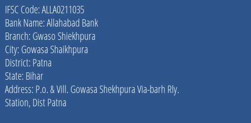 Allahabad Bank Gwaso Shiekhpura Branch Patna IFSC Code ALLA0211035