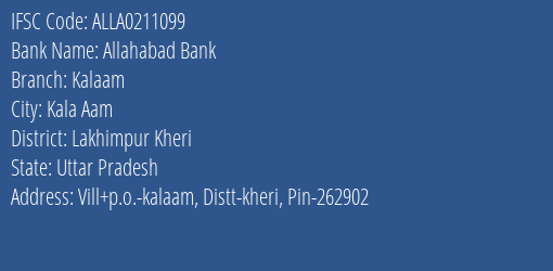 Allahabad Bank Kalaam Branch Lakhimpur Kheri IFSC Code ALLA0211099