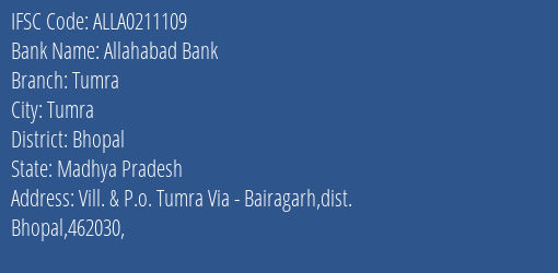 Allahabad Bank Tumra Branch Bhopal IFSC Code ALLA0211109